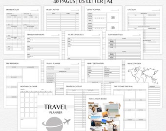 May include: A printable travel planner bundle with 40 pages. The pages include sections for travel budget, places to visit, outfit planner, travel companions, tours and packages, activity planner, checklist, trip research, travel planner, about destination, my destination, monthly calendar, travel bucket list, travel vision board, and trip to take this year.