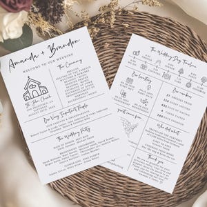 Puede incluir: Un programa de boda con un dise&ntilde;o en blanco y negro. El programa incluye los detalles de la ceremonia de boda, una l&iacute;nea de tiempo del d&iacute;a de la boda y una lista de los miembros de la fiesta de bodas. El programa tambi&eacute;n incluye una secci&oacute;n sobre la historia de amor de la pareja.