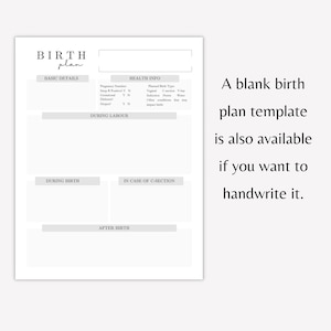 May include: A printable birth plan template with sections for basic details, health information, during labor, during birth, in case of c-section, and after birth. The template is designed to help parents plan for their birth experience.