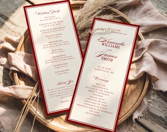 Modello di programma di nozze di lusso in stile Old Money, cronologia classica del giorno delle nozze in stile Old Money, elegante ordine del servizio in rosso e crema, modificabile da Canva