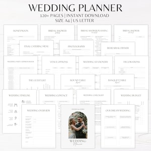 Puede incluir: Un planificador de bodas con más de 120 páginas, que incluye una lista de verificación, un rastreador de presupuesto, una línea de tiempo, una lista de invitados y otras secciones útiles. El planificador está diseñado en un estilo minimalista con un esquema de color blanco y negro. La portada presenta una foto de una pareja en un entorno romántico.