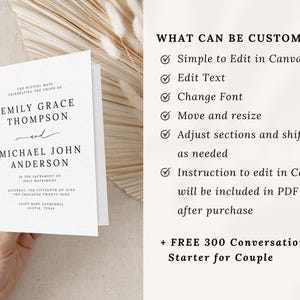 Catholic Wedding Program Template – A beautifully designed folded program for your Catholic Mass ceremony. Includes sections for the Order of the Mass, readings, bridal party, and thank you message. Fully editable in Canva. Sizes included: US Letter (11x8.5”), A4 (11.69x8.26”), and 5x7”. Instant download, easy to customize and print. Perfect for traditional or modern Catholic weddings.
