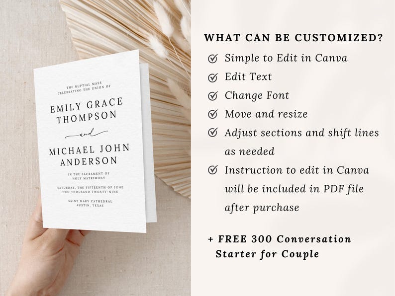 Catholic Wedding Program Template – A beautifully designed folded program for your Catholic Mass ceremony. Includes sections for the Order of the Mass, readings, bridal party, and thank you message. Fully editable in Canva. Sizes included: US Letter (11x8.5”), A4 (11.69x8.26”), and 5x7”. Instant download, easy to customize and print. Perfect for traditional or modern Catholic weddings.