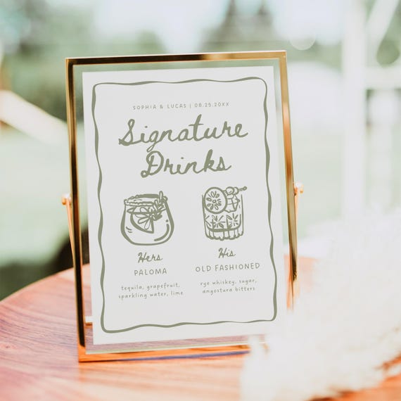 Wedding Bar Menu Sign Template, Whimsical Hand Drawn Signature Drink, Cocktail Bar Sign, Signature Drink Sign, Modern Editable Drink Menu