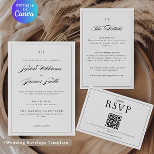 May include: Elegant wedding invitation suite with a minimalist design. Includes invitation, details, and RSVP cards. The invitation features the names Sophia Williams and James Smith, with the wedding date and location. The RSVP card has a QR code.