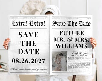 新聞婚約発表テンプレート、編集可能な結婚発表、結婚式のセーブザデート、発表写真撮影新聞、Canva