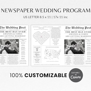 Pode incluir: Programa de casamento em formato de jornal com o título "O melhor dia de sempre!" com uma foto do casal. O programa inclui detalhes do casamento, um labirinto em forma de coração e um mapa. O programa é no tamanho US Letter, 21,6 x 27,9 cm e 43,2 x 27,9 cm.