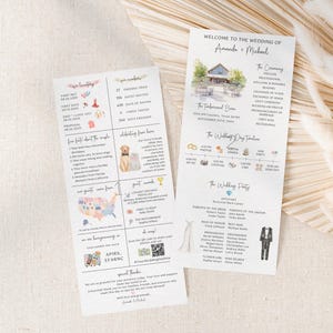 Pu&ograve; includere: Programma di nozze con un'illustrazione ad acquerello di un fienile. Il programma include dettagli sulla cerimonia, la sequenza temporale del giorno del matrimonio e la festa di nozze. Il programma include anche una sezione con curiosit&agrave; divertenti sulla coppia, la loro storia d'amore e le loro cose preferite.