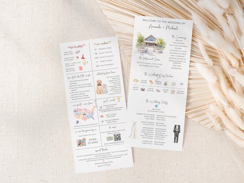 Pu&ograve; includere: Programma di nozze con un'illustrazione ad acquerello di un fienile. Il programma include dettagli sulla cerimonia, la sequenza temporale del giorno del matrimonio e la festa di nozze. Il programma include anche una sezione con curiosit&agrave; divertenti sulla coppia, la loro storia d'amore e le loro cose preferite.