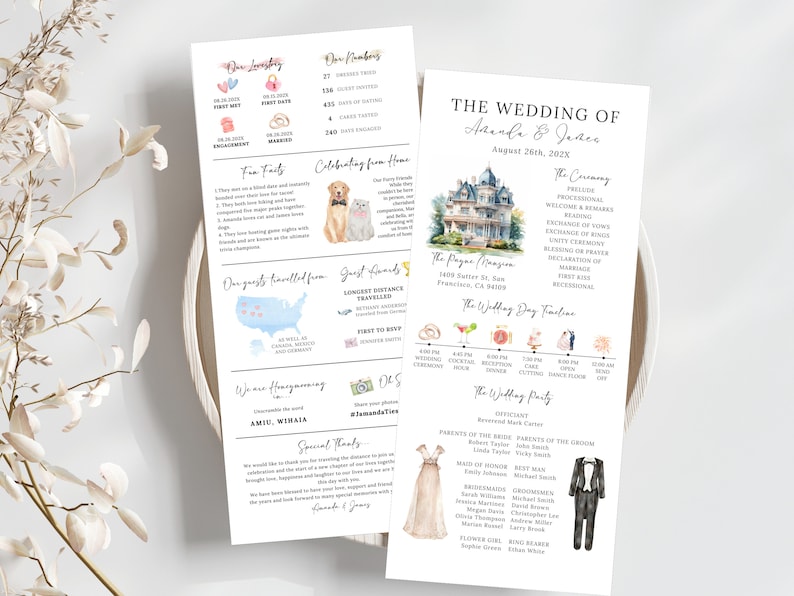 Pu&ograve; includere: Un programma di nozze con illustrazioni ad acquerello di un cane e un gatto della coppia, una mappa degli Stati Uniti e una location per il matrimonio. Il programma include dettagli sulla cerimonia di nozze, il ricevimento e la festa di nozze. Il testo recita "Il matrimonio di Amanda e James, 26 agosto 202X".