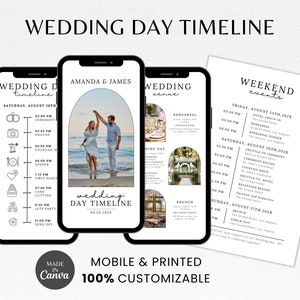 May include: A wedding day timeline template with a mobile phone mockup showing a wedding day schedule. The template is customizable and includes a weekend events section. The image also includes a photo of a couple on the beach.