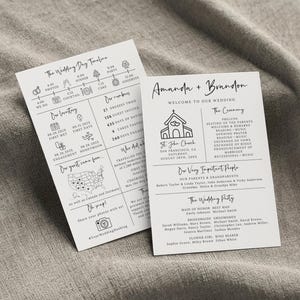 Puede incluir: Un programa de boda con un dise&ntilde;o en blanco y negro. El programa incluye los detalles de la ceremonia de boda, una l&iacute;nea de tiempo de la relaci&oacute;n de la pareja y una lista de los invitados a la boda. El programa est&aacute; impreso en cartulina blanca y presenta un dise&ntilde;o simple y elegante.