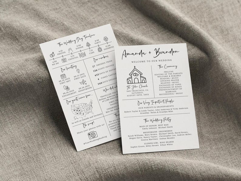 Puede incluir: Un programa de boda con un dise&ntilde;o en blanco y negro. El programa incluye los detalles de la ceremonia de boda, una l&iacute;nea de tiempo de la relaci&oacute;n de la pareja y una lista de los invitados a la boda. El programa est&aacute; impreso en cartulina blanca y presenta un dise&ntilde;o simple y elegante.