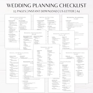 May include: A printable wedding planning checklist with 15 pages. The checklist includes sections for the bride's maid, bridal suite items, wedding planning, wedding photography, wedding honeymoon, bridal shower planning, wedding decor, wedding emergency bag, and stationery.