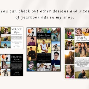 May include: A collection of yearbook ad designs featuring multiple photos of students. The ads include names like Melody, Michael, and the text "Class of 202X Graduate." The ads are in a collage format with a black and white color scheme.