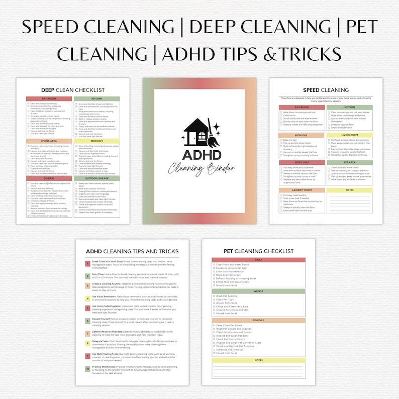Editable ADHD Cleaning Checklist Bundle | Printable ADHD Cleaning ...