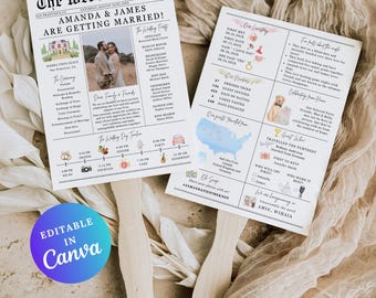 Infographic Wedding Program Fan Kit Template, Newspaper Wedding Program Fan, Church Wedding Ceremony Program, Modern Infographic Program Fan