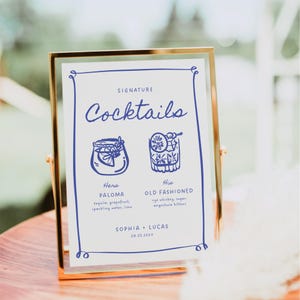 Plantilla de letrero para menú de bar de bodas, bebida de autor dibujada a mano, menú de bar ilustrado, letrero de bebida de autor, menú de bebidas editable moderno