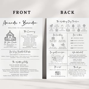 Puede incluir: Una invitaci&oacute;n de boda en blanco y negro con una ilustraci&oacute;n de una iglesia en el frente y una l&iacute;nea de tiempo, un mapa y detalles sobre la relaci&oacute;n de la pareja en la parte posterior. La invitaci&oacute;n incluye los nombres de la pareja, Amanda y Brandon, y la fecha de la boda, 26 de agosto de 202X.