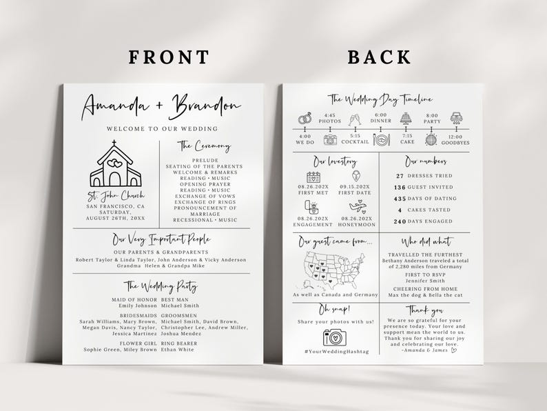 Puede incluir: Una invitaci&oacute;n de boda en blanco y negro con una ilustraci&oacute;n de una iglesia en el frente y una l&iacute;nea de tiempo, un mapa y detalles sobre la relaci&oacute;n de la pareja en la parte posterior. La invitaci&oacute;n incluye los nombres de la pareja, Amanda y Brandon, y la fecha de la boda, 26 de agosto de 202X.