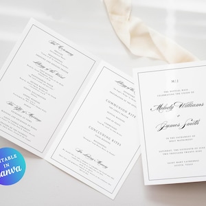以下が含まれることがあります： 黒い文字が入った白い結婚式の招待状セット。招待状には「Melody Williams」と「James Smith」の名前、結婚式の日付と場所が記載されています。このセットには、式の詳細が記載されたプログラムも含まれています。