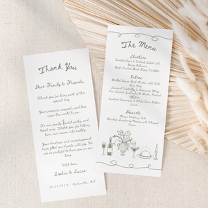 Hand Drawn Wedding Menu and Thank you Card, Vintage Wedding Menu Cards Template, Wedding Thank You Card, Retro Wedding Dinner Menu, Canva