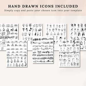 May include: A selection of hand-drawn black and white icons, featuring buildings, floral designs, musical instruments, and wedding illustrations. The text at the top says "HAND DRAWN ICONS INCLUDED" and "Simply copy and paste your chosen icon into your template."