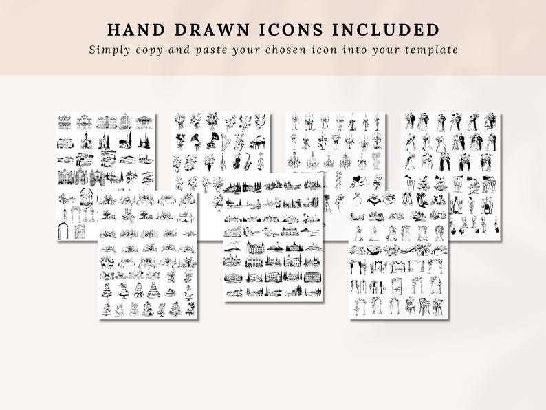 May include: A selection of hand-drawn black and white icons, featuring buildings, floral designs, musical instruments, and wedding illustrations. The text at the top says "HAND DRAWN ICONS INCLUDED" and "Simply copy and paste your chosen icon into your template."