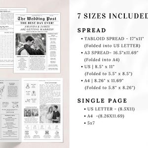 Puede incluir: Una plantilla de anuncio de boda en blanco y negro con dise&ntilde;o de peri&oacute;dico. La plantilla incluye un anuncio de boda, un mapa de los Estados Unidos, una l&iacute;nea de tiempo de la boda, un men&uacute; de boda y una lista de invitados a la boda. La plantilla est&aacute; disponible en siete tama&ntilde;os, incluyendo tabloide extendido, A3 extendido, carta estadounidense, A4 y 5x7.