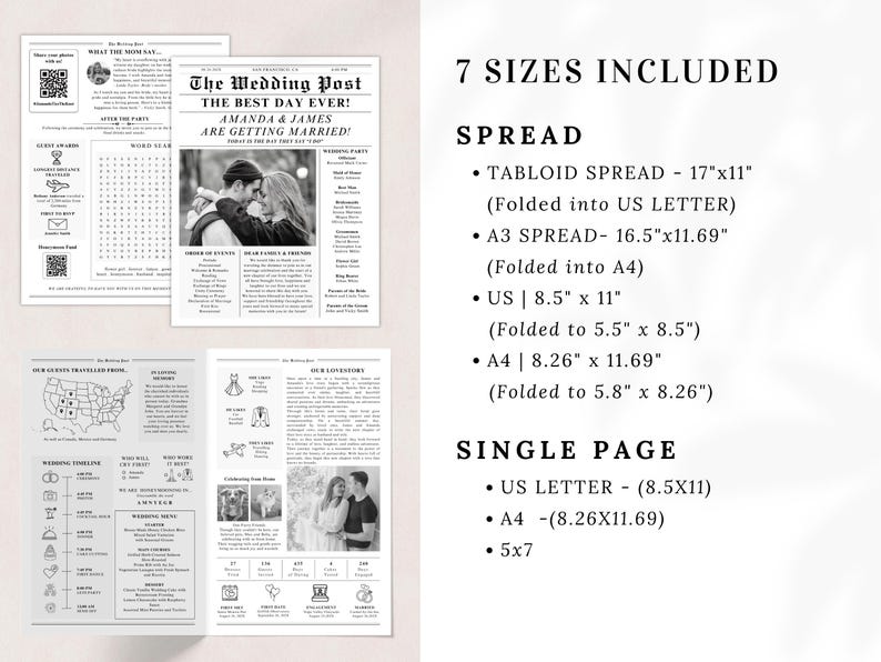 Puede incluir: Una plantilla de anuncio de boda en blanco y negro con dise&ntilde;o de peri&oacute;dico. La plantilla incluye un anuncio de boda, un mapa de los Estados Unidos, una l&iacute;nea de tiempo de la boda, un men&uacute; de boda y una lista de invitados a la boda. La plantilla est&aacute; disponible en siete tama&ntilde;os, incluyendo tabloide extendido, A3 extendido, carta estadounidense, A4 y 5x7.