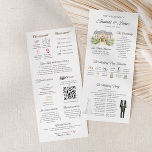 Könnte beinhalten: Zwei weiße Hochzeitskarten mit Text und Illustrationen. Ein Programm beschreibt die Liebesgeschichte und lustigen Fakten des Paares. Das andere Programm listet die Zeremoniedetails, den Zeitplan und die Hochzeitsgesellschaft auf. Die Programme befinden sich auf einem neutralen Hintergrund.