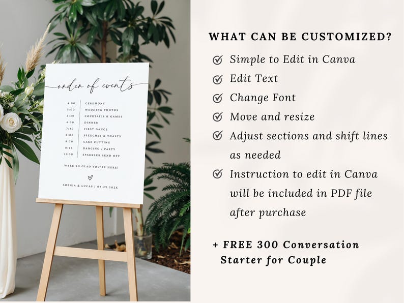 wedding order of events sign
modern wedding day timeline
minimalist wedding timeline
wedding itinerary sign
order of the day sign
wedding reception timeline
editable wedding timeline	
custom wedding timeline sign	
printable wedding sign
wedding day schedule
modern wedding sign	
large wedding sign
bohemian wedding timeline
wedding program sign
ceremony timeline poster
wedding timeline sign
wedding reception