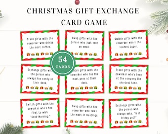 May include: Christmas Gift Exchange Card Game with 54 cards. Each card has a different prompt, such as "Trade gifts with the coworker who drinks the most coffee." The cards have a red border with green accents and gift box illustrations.