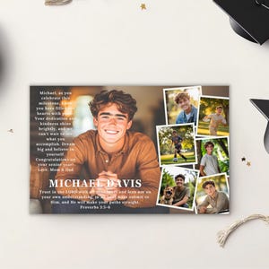 May include: A graduation announcement featuring a smiling young man in a brown shirt, surrounded by smaller photos. Text includes the name "Michael Davis" and a Bible verse. Black graduation caps and stars decorate the background.