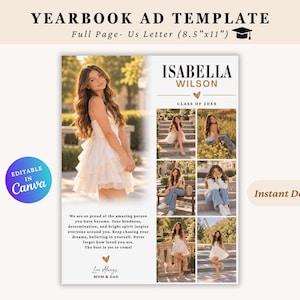 May include: A yearbook ad template for an 8.5 inch by 11 inch page featuring a large photo placeholder, six smaller photo slots, and text fields for a name, class year, and a personal message. The design includes gold heart icons and serif fonts.