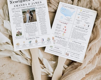 Infographic Wedding Program Fan Kit Template, Newspaper Wedding Program Fan, Infographic Wedding Program, Church Wedding Ceremony Program