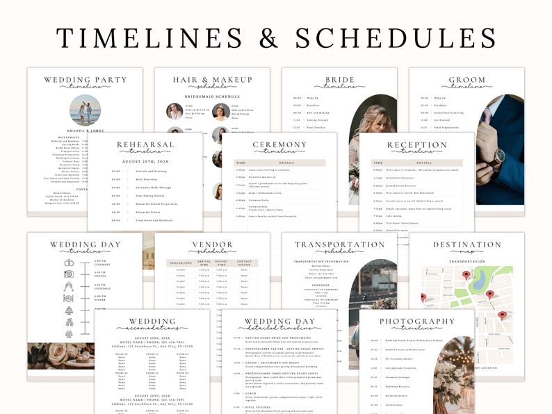 A wedding day binder with a checklist of items to plan for a wedding. The checklist includes items such as wedding mood board, wedding weekend, events overview, who to call, vendor contact, accommodations, wedding party, task list, ceremony venue, reception venue, ceremony entrance, recessional, wedding music, order of speeches, emergency planner, social media planner, rehearsal menu, reception menu, and destination map. The binder also includes images of the wedding venue, the wedding couple.