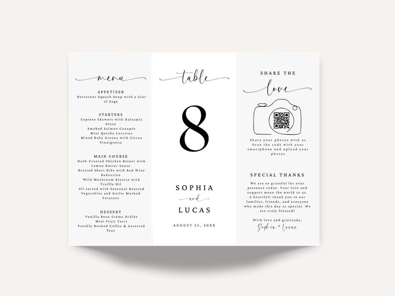 Wedding Trifold Table Number, Minimalist Wedding Trifold Menu, Wedding ...