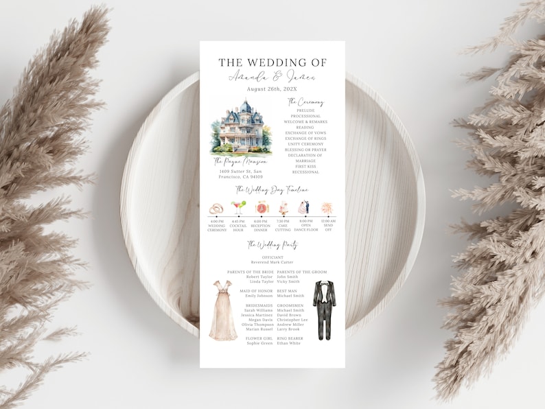 Pu&ograve; includere: Un programma di cerimonia di matrimonio con un'illustrazione ad acquerello di un edificio e una sequenza temporale degli eventi del giorno del matrimonio. Il programma include i nomi della sposa e dello sposo, la data del matrimonio e la location della cerimonia. Il programma include anche i nomi degli invitati al matrimonio.