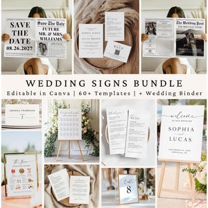 May include: A selection of wedding signs, including newspaper-style announcements, table numbers, and welcome signs. The signs feature elegant fonts and designs, with the text "Save the Date" and "Welcome" visible. The bundle includes templates and a wedding binder.