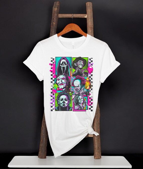 Neon Horror Shirt – Retro Grunge Spooky Tee – Unisex Bella CanvasHalloween Shirt – Creepy Cute Killer Graphic – Sizes S, M, L, XL