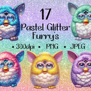 Aquarell Pastell Glitter Furry, 90's Spielzeug, Clipart Bundle, Aufkleber - 17 Designs, 34 Bilder png, jpeg, 300dpi DIGITAL DOWNLOAD