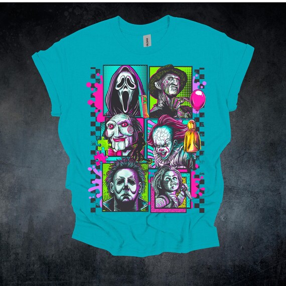 Neon Horror Shirt – Retro Grunge Spooky Tee – Unisex Gildan Heavy Cotton Halloween Shirt – Creepy Cute Killer Graphic–Sizes S, M, L, XL, XXL
