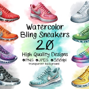 Aquarell Bling Sneakers, Clipart-Bundle, Aufkleber - 20 Designs, 40 Bilder, png, jpg, DIGITAL DOWNLOAD
