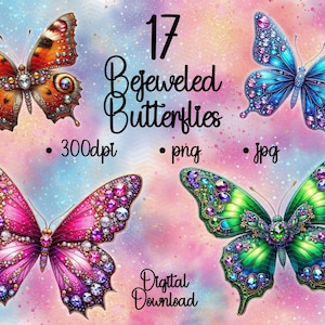 Aquarell Bejeweled Schmetterlinge, Clipart-Bündel, Aufkleber- 17 Designs, PNG-Format 300dpi, DIGITAL DOWNLOAD