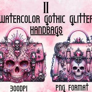 Roze aquarel gotische glitter handtassen clipartbundel, stickers-11 ontwerpen, png, digitale download