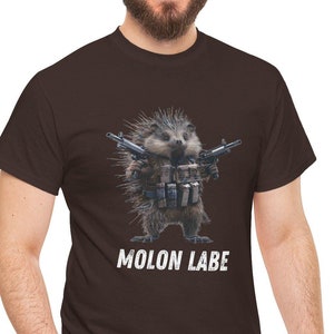 May include: A brown t-shirt with a cartoon image of a hedgehog wearing a tactical vest and holding two guns. The text "MOLON LABE" is printed below the image.
