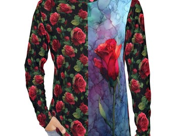 Men's Long Sleeve Floral T-Shirt Vintage Roses Tee Botanical Rose Shirt Flower Print Shirt Red Rose Shirt Gothic Flowers Vintage Floral Top