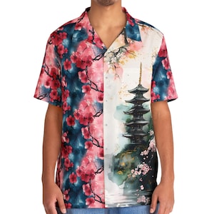 Men&#39;s Hawaiian Shirt, Japanese Floral Cherry Blossom Pagoda Design, Japanese Culture Lover Gift, Japanese Flowers Aloha Shirt, Tropical