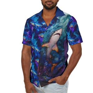 Hawaiian Camp Shirt, Shark Shirt for Men, Animal Print Beachwear, Navy Life Premium Shirt, Shark Lover Gift, Ocean Depths Shirt